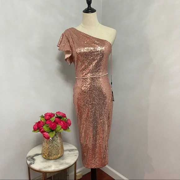 # Mac Duggal Rose Gold Sequins One Shoulder Ruffle Mini Dress / Gown New W/ Tag - Picture 3 of 17